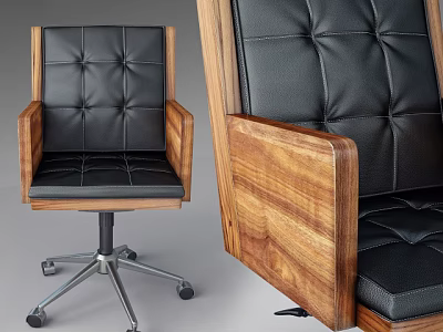 Office Chair With Black Leather Tufted Back And Wooden Armrests On Wheels 3d model