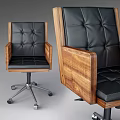 Office Chair With Black Leather Tufted Back And Wooden Armrests On Wheels