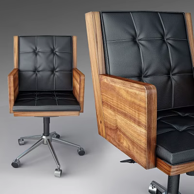 Office Chair With Black Leather Tufted Back And Wooden Armrests On Wheels 3d model