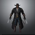 Detailed 3D Character Model With Stylish Trench Coat Wide Brim Hat And Dual Blades