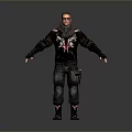Man Wearing Black Leather Jacket With Red White Patterns Sunglasses Dark Cargo Pants Black Boots