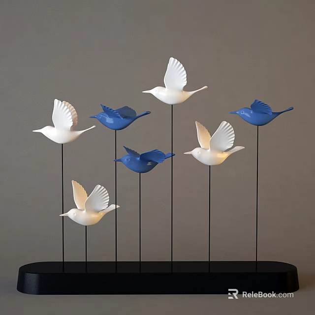 Modern Decorative Ornament Set with White and Blue Bird Figurines on Black Stands and Base 3d model 