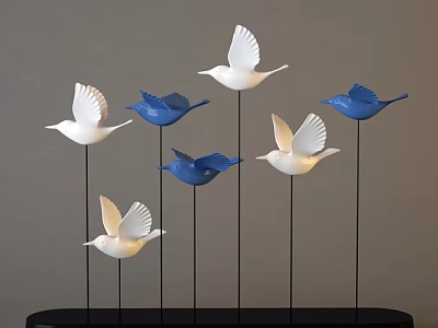 Modern Decorative Ornament Set with White and Blue Bird Figurines on Black Stands and Base 3d model