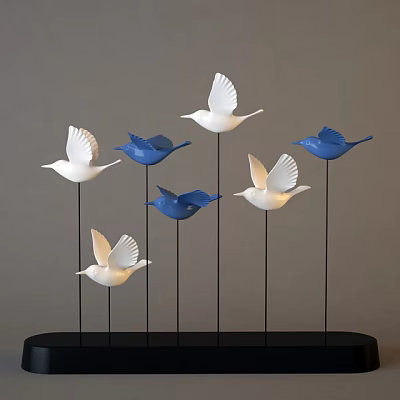 Modern Decorative Ornament Set with White and Blue Bird Figurines on Black Stands and Base 3d model