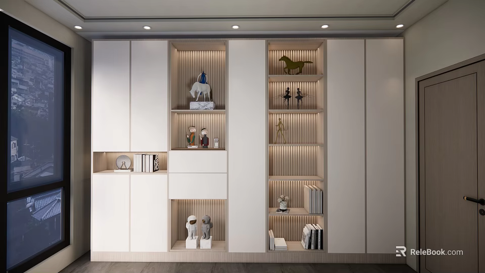 Modern White Wardrobe Interior Design With Open Shelves Decorative Figurines And Books 3d model 