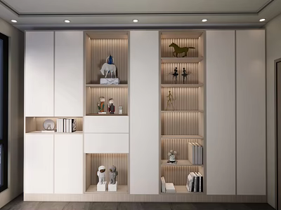 Modern White Wardrobe Interior Design With Open Shelves Decorative Figurines And Books 3d model