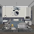 Kids Room Interior With Plush Toys Moon Cloud Wall Decor And Airplane Chandelier