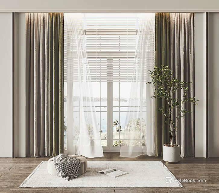 Elegant Curtains With Sheer Panels Blinds And Indoor Plant For Scenic View 3d model 