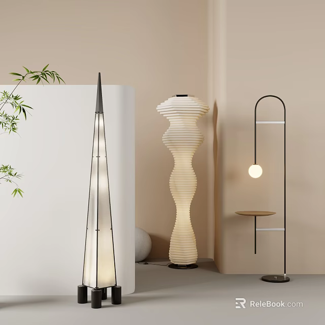 Modern Minimalist Interior With Three Stylish Floor Lamps Tapered Ribbed Arched Design And Greenery 3d model 