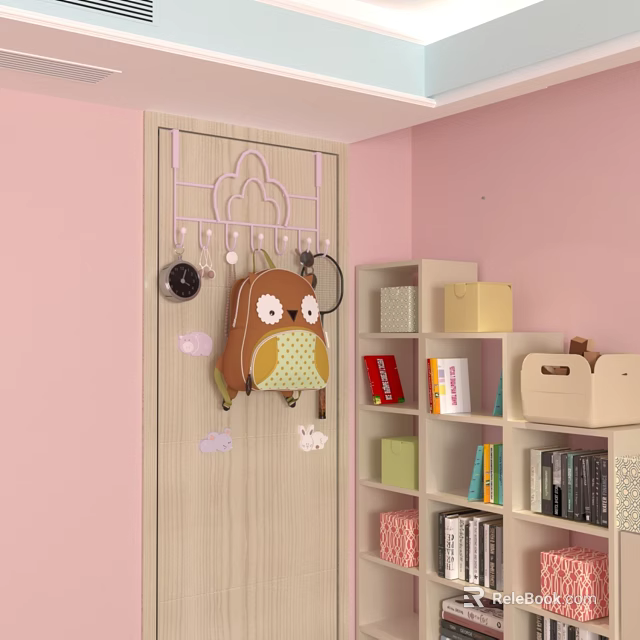 Organized Room With Pink Walls Wooden Door Hooks Backpack Hat And Storage Boxes 3d model 