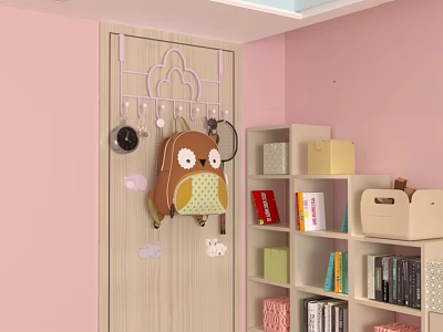 Organized Room With Pink Walls Wooden Door Hooks Backpack Hat And Storage Boxes 3d model