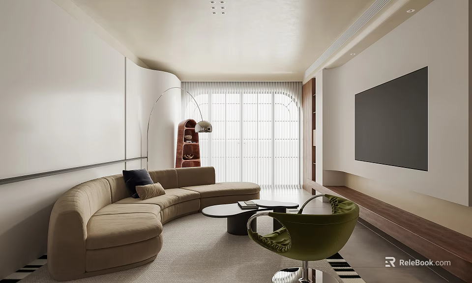 Modern Living Dining Room Interior With Beige Sofa Green Accent Chair Round Coffee Table Tv Wall 3d model 