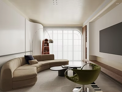 Modern Living Dining Room Interior With Beige Sofa Green Accent Chair Round Coffee Table Tv Wall 3d model