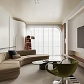 Modern Living Dining Room Interior With Beige Sofa Green Accent Chair Round Coffee Table Tv Wall