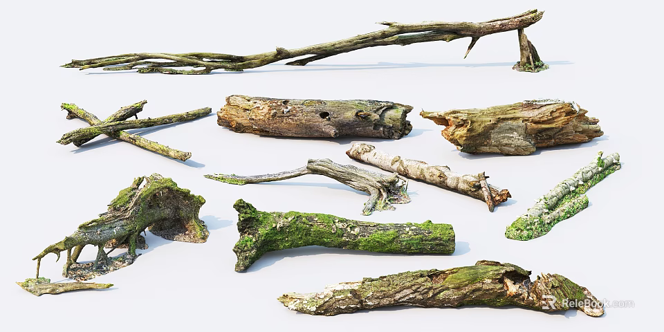 Natural Stone and Wood Logs with Mossy Texture for Decorative Home Design 3d model 