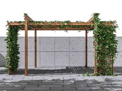 Wooden Pergola Covered With Green Ivy Against Gray Wall On Stone Paved Ground 3d model