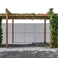 Wooden Pergola Covered With Green Ivy Against Gray Wall On Stone Paved Ground