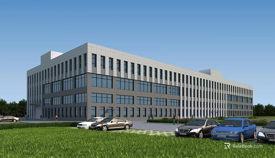 Modern Industrial Factory Building With Large Glass Windows And Parking Lot With Cars On Green Lawn 3d model 