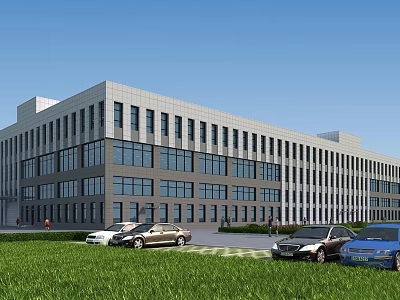 Modern Industrial Factory Building With Large Glass Windows And Parking Lot With Cars On Green Lawn 3d model