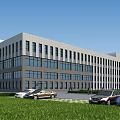 Modern Industrial Factory Building With Large Glass Windows And Parking Lot With Cars On Green Lawn