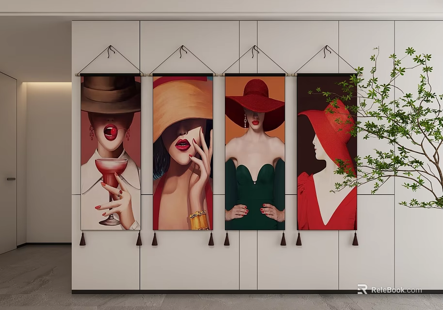 Abstract Paintings Of Women With Colorful Hats As Hanging Wall Art Decor 3d model 