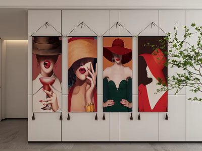 Abstract Paintings Of Women With Colorful Hats As Hanging Wall Art Decor 3d model