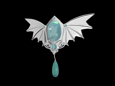 Winged Decorative Brooch With Large Aquamarine Gemstone Teardrop Pendant And Silver Filigree Wings 3d model