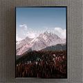 Scenic Mountain Landscape with Snowy Peaks Red Forest and White Clouds in Blue Sky