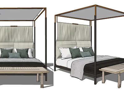 Modern Canopy Double Bed With Upholstered Headboard Side Bench Pillows And Blanket 3d model