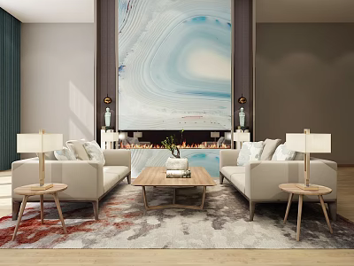 Modern Elegant Living Room Sofa Coffee Table Set With Wooden Top Area Rug And Decorative Art 3d model