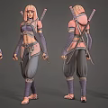 Blonde Haired Character In Purple Gray Outfit With Dual Swords Lantern Pillars Grass And Stones