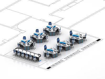 Monitoring Room Layout With Multiple Workstations And Operator Consoles 3d model