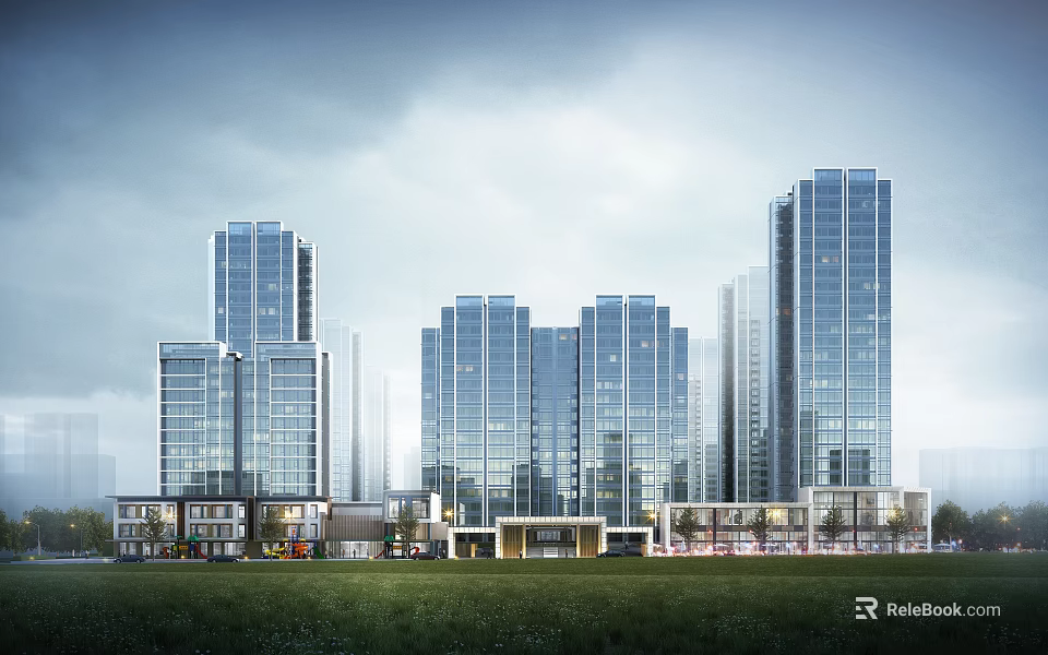 Modern High Rise Residential Buildings Featuring Glass Curtain Walls and Green Landscape 3d model 