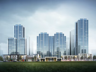 Modern High Rise Residential Buildings Featuring Glass Curtain Walls and Green Landscape 3d model