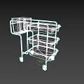 Hospital Ward Medical Cart With Blue Trays And Black Trash Bin On Wheels