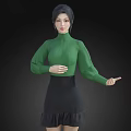 Woman in Green Turtleneck Sweater and Black Ruffled Skirt Against Dark Background