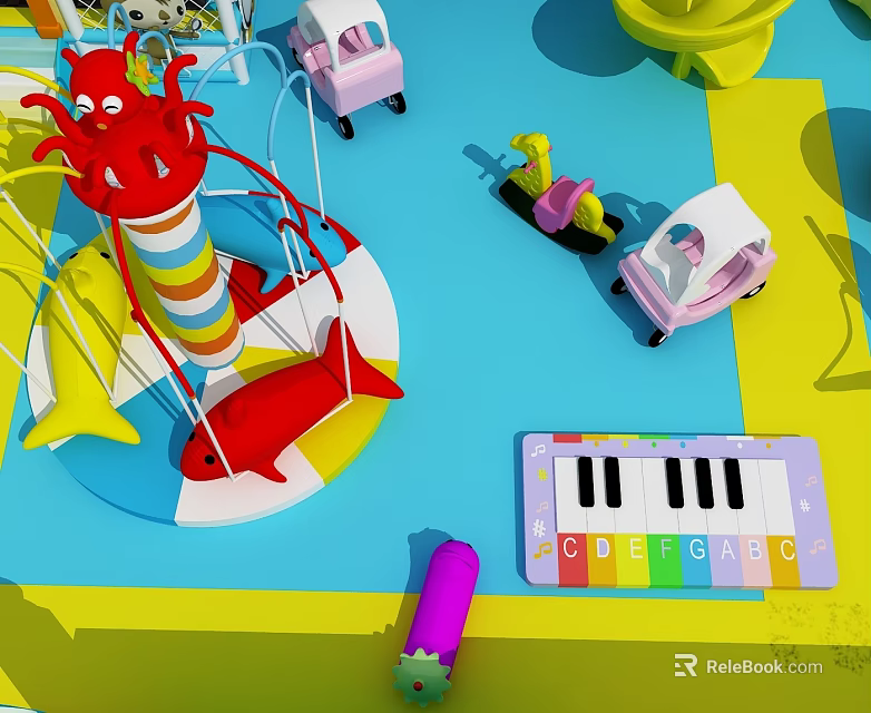 Colorful Children's Play Equipment With Red Octopus Toy Pink Cart Yellow Pony And Piano Keyboard 3d model 
