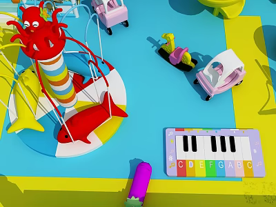 Colorful Children's Play Equipment With Red Octopus Toy Pink Cart Yellow Pony And Piano Keyboard 3d model