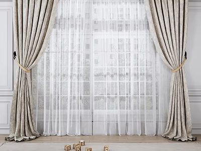Beige Curtains With Sheer White Layers And Decorative Tiebacks For Window Interior 3d model