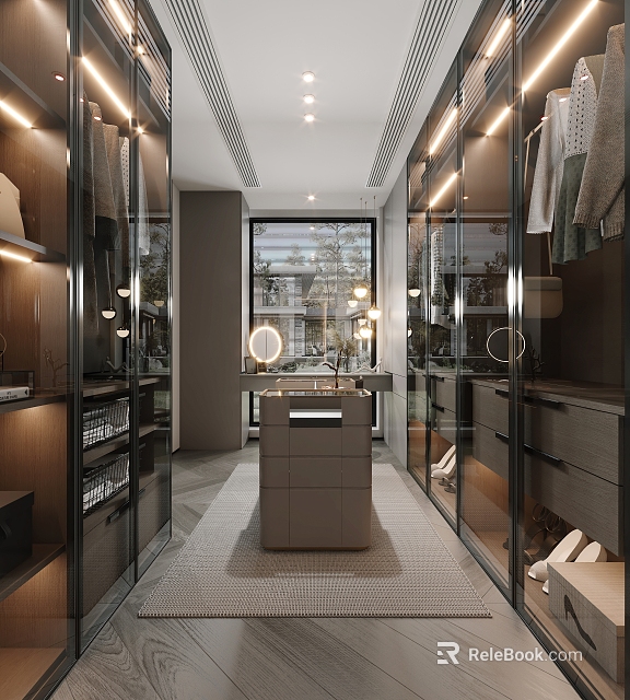 Modern Walk In Closet Interior With Glass Doors Round Mirror LED Lighting And Storage Cabinets 3d model 