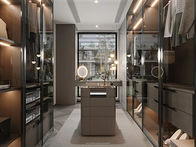 Modern Walk In Closet Interior With Glass Doors Round Mirror LED Lighting And Storage Cabinets 3d model