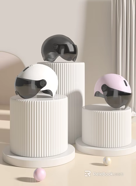 Stylish Black White Pink Helmet With Visor Display On Textured Cylindrical Pedestals 3d model 