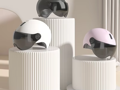 Stylish Black White Pink Helmet With Visor Display On Textured Cylindrical Pedestals 3d model