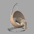 Brown Rattan Hanging Leisure Chairs With Light Colored Cushions And Metal Stand Design