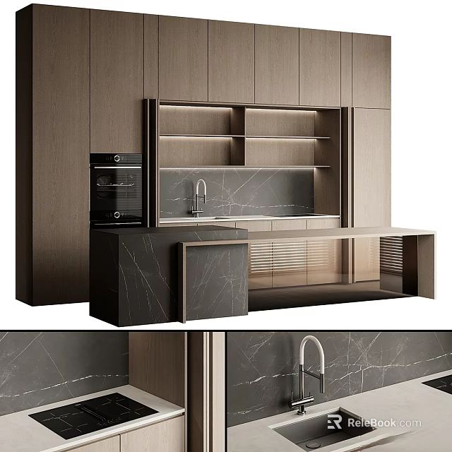 Modern Kitchen Interior With Wooden Cabinets Marble Countertop Sink And Open Shelves 3d model 