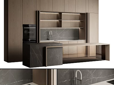 Modern Kitchen Interior With Wooden Cabinets Marble Countertop Sink And Open Shelves 3d model