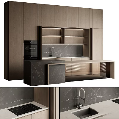 Modern Kitchen Interior With Wooden Cabinets Marble Countertop Sink And Open Shelves 3d model