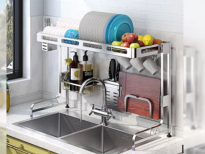Stainless Steel Kitchenware Rack with Plates Bowls Knives Cutting Board and Spice Bottles Near Sink 3d model