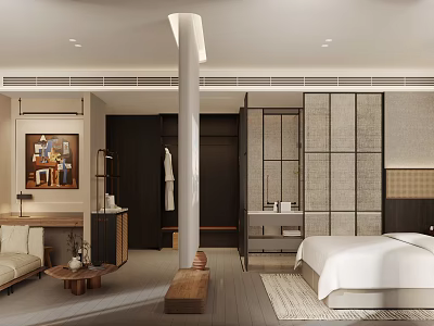 Warm Elegant Hotel Guest Room With Spacious Lounge And Stylish Open Bathroom Design 3d model