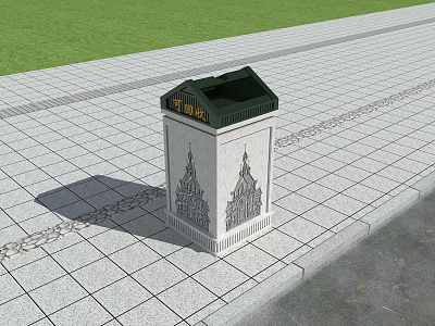 Public Trash Can With Green Lid And Decorative Patterns On Paved Sidewalk 3d model